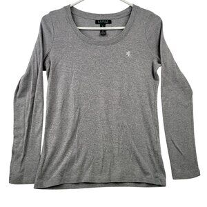 Lauren Ralph Lauren Gray Long-Sleeve White Logo Cotton Blend Womens Top Medium